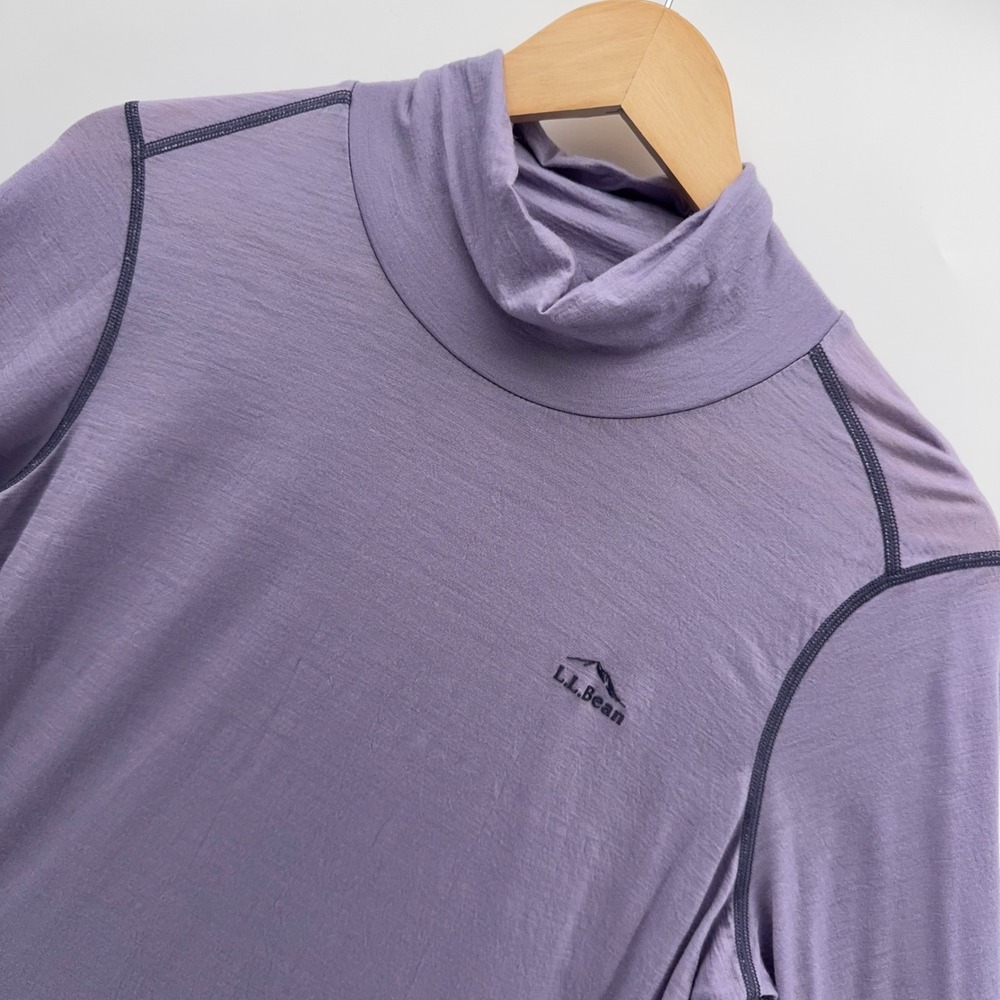 LL Bean Merino Wool Base Layer Women L Purple Mock Neck Long Sleeve Ultralight